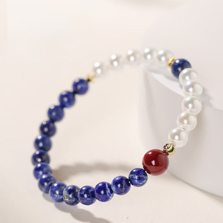 Buddha Stones Bransoletka z koralików Lapis Lazuli i Lazurytu z Perłą i Cynobrem - image 2