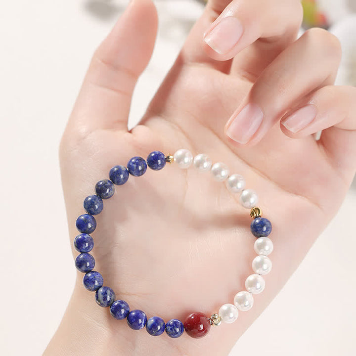 Buddha Stones Bransoletka z koralików Lapis Lazuli i Lazurytu z Perłą i Cynobrem - image 8