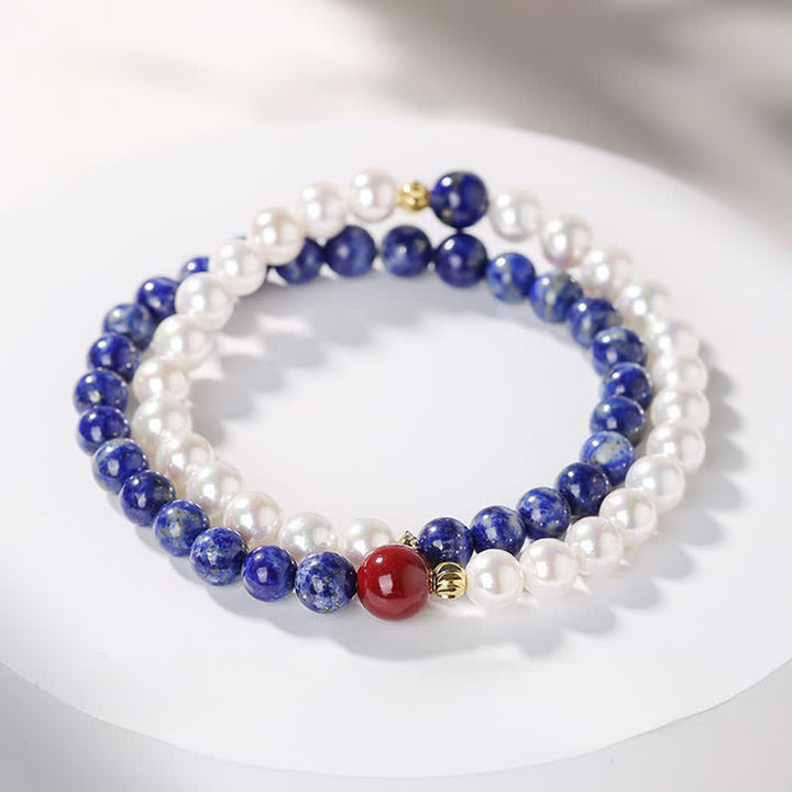 Buddha Stones Bransoletka z koralików Lapis Lazuli i Lazurytu z Perłą i Cynobrem - Podwójnie owinięty lapis lazuli (obwód nadgarstka 14-15 cm) - 6 mm - image 12