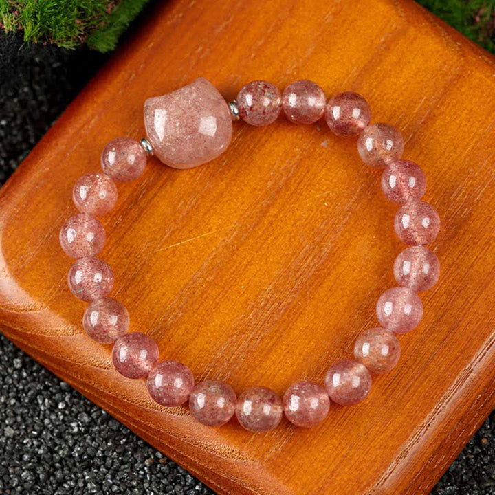 Buddha Stones Bransoletka z koralikami z niebieskiego agatu i przezroczystego kwarcu w uroczym wzorze kota - Kwarc truskawkowy (obwód nadgarstka 15–16 cm) - image 16