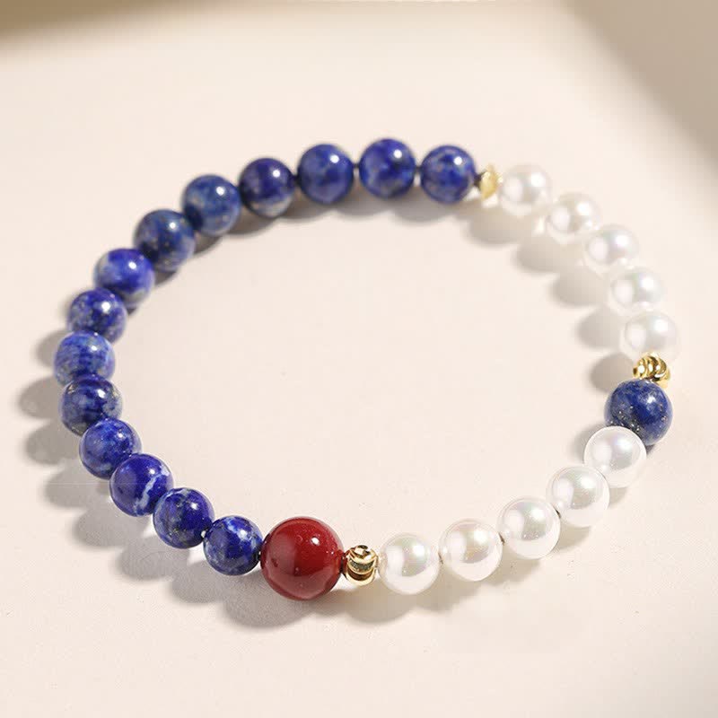 Buddha Stones Bransoletka z koralików Lapis Lazuli i Lazurytu z Perłą i Cynobrem - image 0
