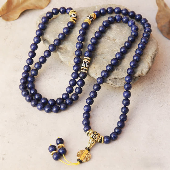 Buddha Stones 108 koralików Lazuryt Lapis Lazuli Trójoczny koralik Dzi Pozytywna Mala - image 1