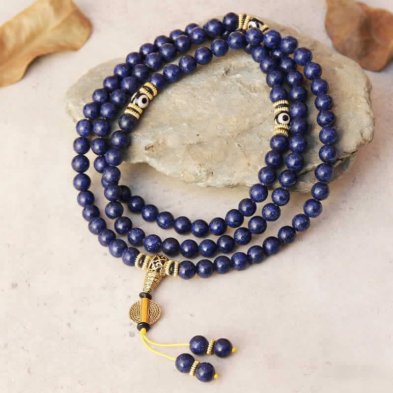 Buddha Stones 108 koralików Lazuryt Lapis Lazuli Trójoczny koralik Dzi Pozytywna Mala - Lapis Lazuli (obwód nadgarstka 16-18 cm) - image 0