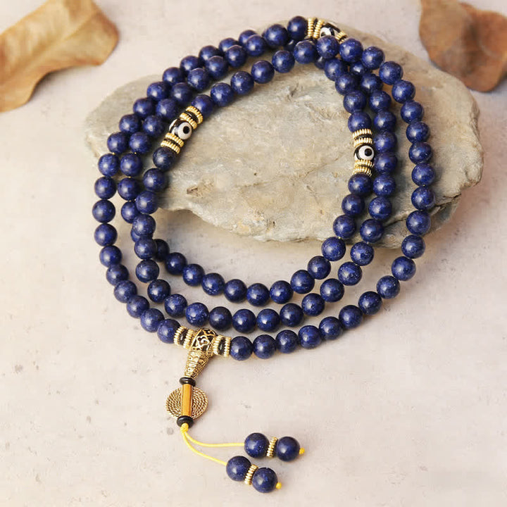 Buddha Stones 108 koralików Lazuryt Lapis Lazuli Trójoczny koralik Dzi Pozytywna Mala - Lapis Lazuli (obwód nadgarstka 16-18 cm) - image 0