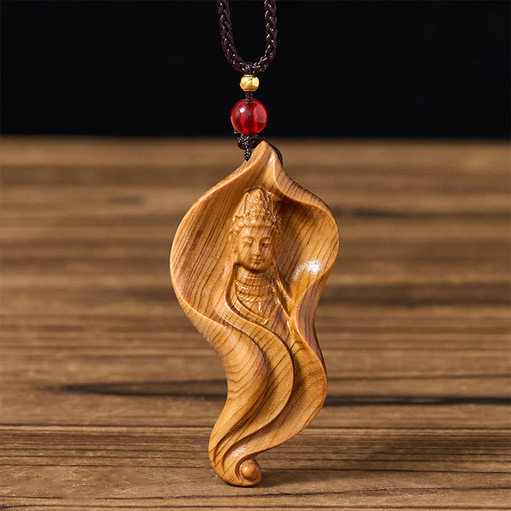 Buddha Stones Guanyin Kwan Yin Avalokitesvara Liść Lotosu Platycladus Orientalis Naszyjnik Bogactwa Drewna Wisiorek - Awalokiteśvara - image 0