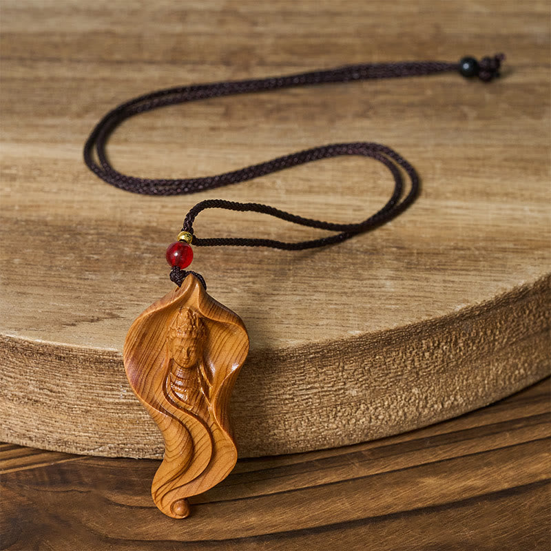 Buddha Stones Guanyin Kwan Yin Avalokitesvara Liść Lotosu Platycladus Orientalis Naszyjnik Bogactwa Drewna Wisiorek - image 5