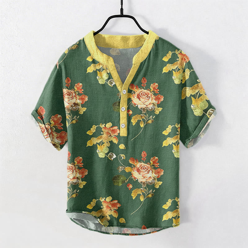 Buddha Stones Koszula męska z krótkim rękawem i półguzikiem z czystej bawełny w stylu vintage z motywem różowego ogrodu - ForestGreen - US/UK/AU50, EU60 (5XL) - image 5