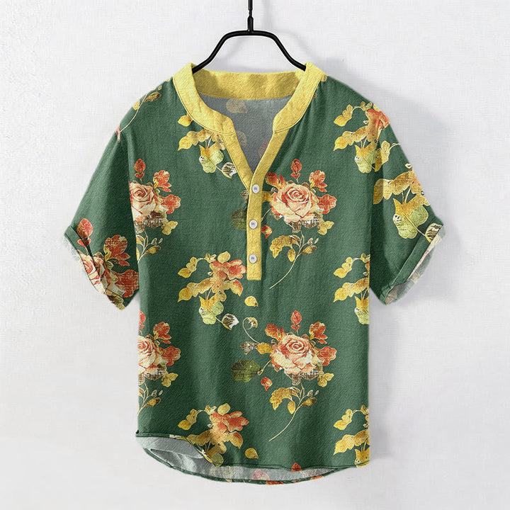 Buddha Stones Koszula męska z krótkim rękawem i półguzikiem z czystej bawełny w stylu vintage z motywem różowego ogrodu - ForestGreen - US/UK/AU50, EU60 (5XL) - image 5