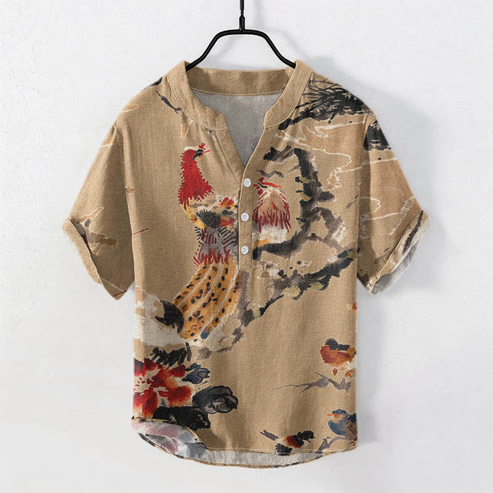 Buddha Stones Koszula męska z krótkim rękawem i nadrukiem w kwiaty z nadrukiem koguta, zapinana na pół guzika - Dębnik - US/UK/AU50, EU60 (5XL) - image 3