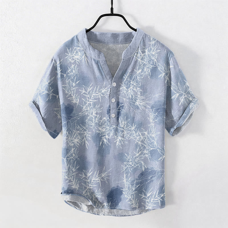 Buddha Stones Koszula męska z krótkim rękawem i nadrukiem liści bambusa, bawełniana, zapinana na pół guzika - LightSteelBlue - US/UK/AU50, EU60 (5XL) - image 3