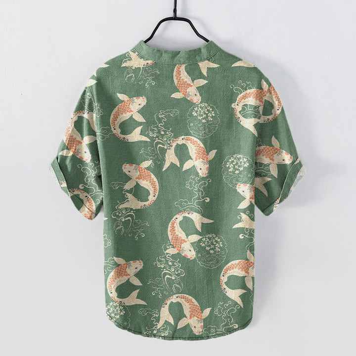 Buddha Stones Koszula męska z krótkim rękawem i nadrukiem ryby Koi z bawełny, zapinana na pół guzika - image 8
