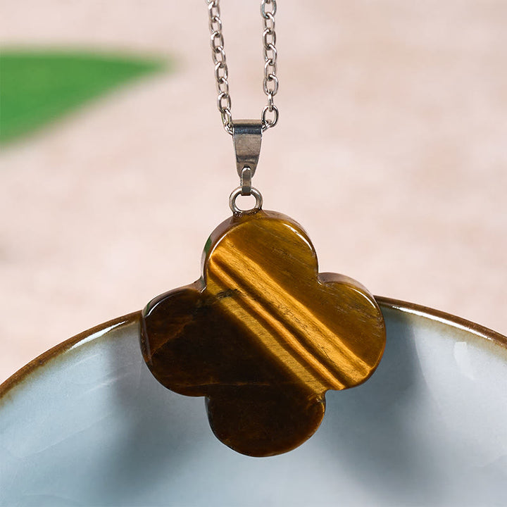 Buddha Stones Różnorodny kryształowy zielony awenturyn z czarnym obsydianem, tygrysie oko, naszyjnik z kwiatem śliwki i wisiorkiem szczęścia - Tygrysie oko (naturalne – drobne nierówności) - image 13