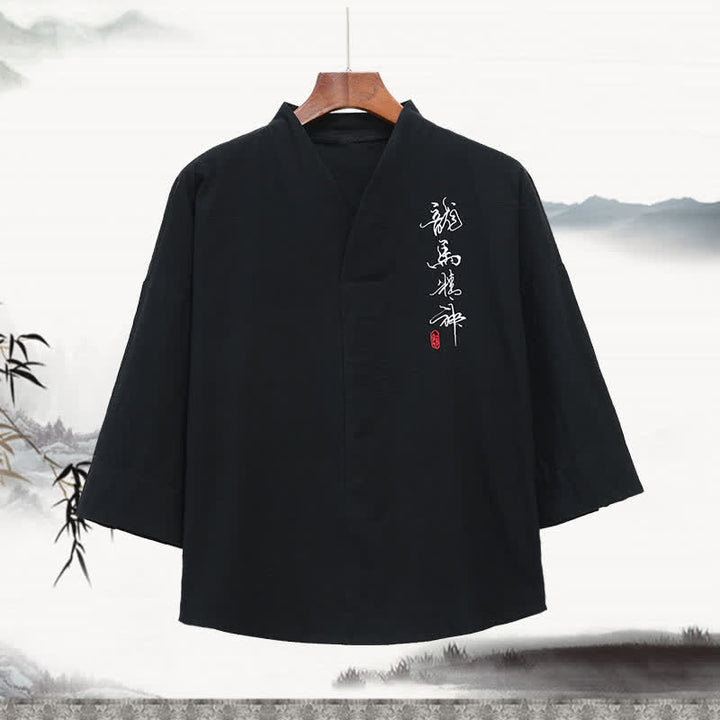 Buddha Stones Letnie męskie koszulki z haftowanym kołnierzykiem typu stójka i kaligrafią w stylu Tang z rękawami do łokci - Czarny - US/UK/AU46， EU56 (5XL) - image 0