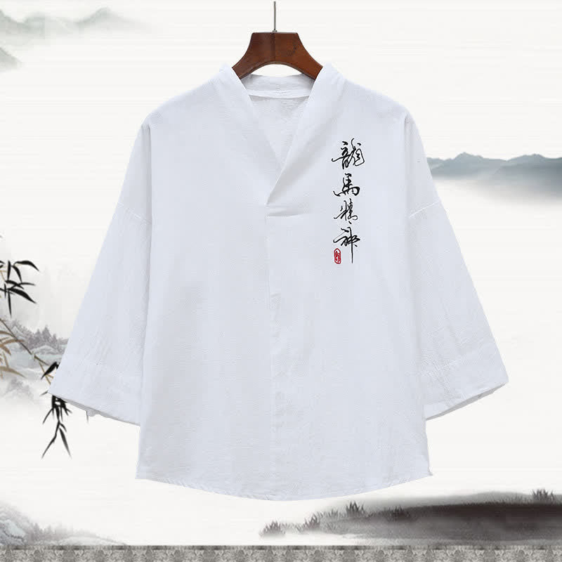Buddha Stones Letnie męskie koszulki z haftowanym kołnierzykiem typu stójka i kaligrafią w stylu Tang z rękawami do łokci - Biały - US/UK/AU46， EU56 (5XL) - image 1