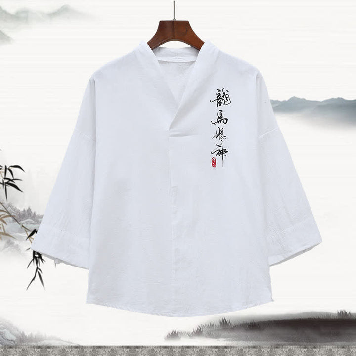 Buddha Stones Letnie męskie koszulki z haftowanym kołnierzykiem typu stójka i kaligrafią w stylu Tang z rękawami do łokci - Biały - US/UK/AU46， EU56 (5XL) - image 1