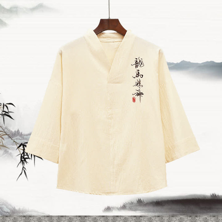 Buddha Stones Letnie męskie koszulki z haftowanym kołnierzykiem typu stójka i kaligrafią w stylu Tang z rękawami do łokci - AntiqueWhite - US/UK/AU46， EU56 (5XL) - image 3