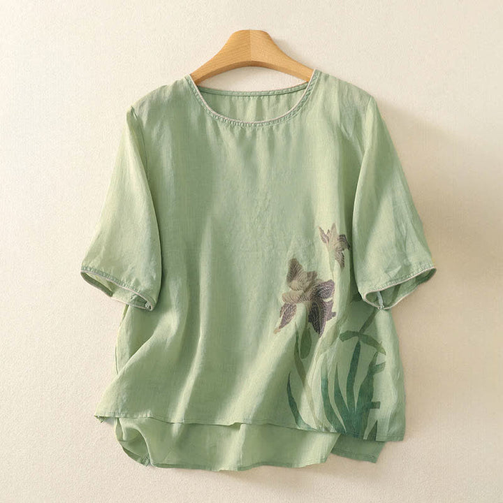 Buddha Stones Letnie damskie koszulki z krótkim rękawem i kwiatowym nadrukiem - PaleGreen - US8-10，UK/AU12-14，EU40-42 (2XL) - image 0