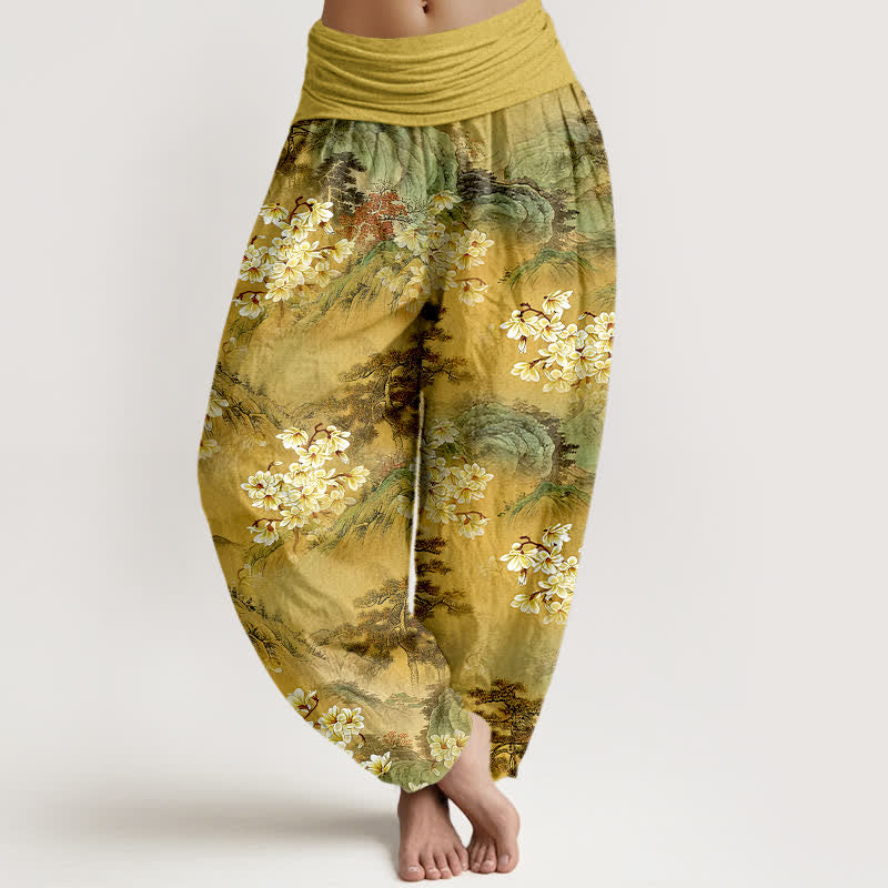 Buddha Stones Spodnie damskie typu harem z elastycznej talii z czystej bawełny w kwiaty w stylu boho w akwarelowym kolorze - Nawłoć - US16, UK/AU20, EU48 (3XL) - image 0