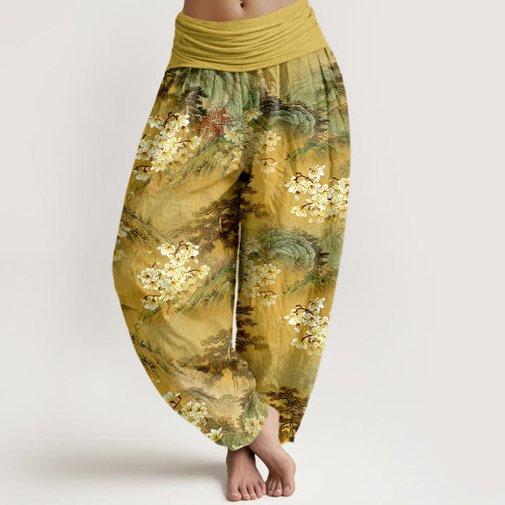 Buddha Stones Spodnie damskie typu harem z elastycznej talii z czystej bawełny w kwiaty w stylu boho w akwarelowym kolorze - Nawłoć - US16, UK/AU20, EU48 (3XL) - image 0