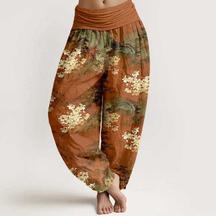 Buddha Stones Spodnie damskie typu harem z elastycznej talii z czystej bawełny w kwiaty w stylu boho w akwarelowym kolorze - Sjena - US16, UK/AU20, EU48 (3XL) - image 5