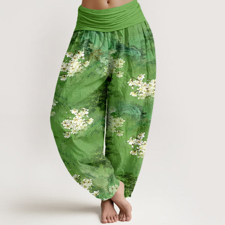 Buddha Stones Spodnie damskie typu harem z elastycznej talii z czystej bawełny w kwiaty w stylu boho w akwarelowym kolorze - MediumSeaGreen - US16, UK/AU20, EU48 (3XL) - image 8