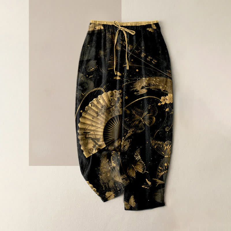 Buddha Stones Damskie spodnie z elastyczną talią i kieszeniami, w złotym wzorze motyla i kwiatów - Czarny - US16, UK/AU20, EU48 (3XL) - image 0