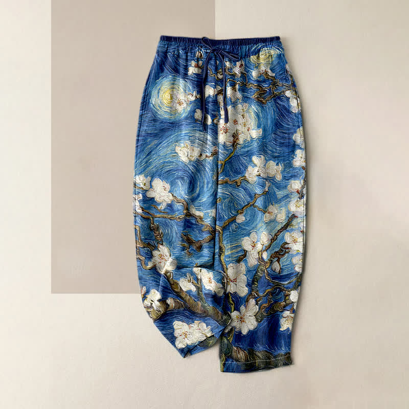 Buddha Stones Spodnie damskie z elastyczną talią i kieszeniami, wzór Van Gogh Starry Sky Almond Blossom - RoyalBlue - US16, UK/AU20, EU48 (3XL) - image 0