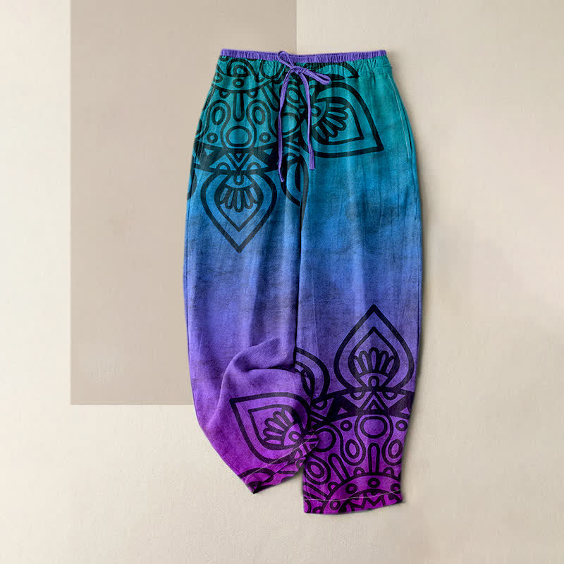 Buddha Stones Spodnie damskie z elastycznej talii z kieszeniami, z czystej bawełny, z gradientowym wzorem mandali - BlueViolet - US16, UK/AU20, EU48 (3XL) - image 0