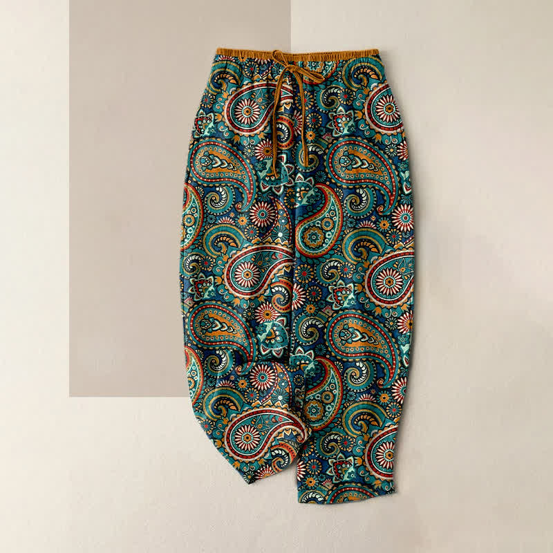 Buddha Stones Spodnie damskie z elastycznej talii z kieszeniami, z nadrukiem w kwiaty i czystą bawełną - Cyraneczka - US16, UK/AU20, EU48 (3XL) - image 0