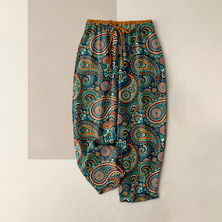 Buddha Stones Spodnie damskie z elastycznej talii z kieszeniami, z nadrukiem w kwiaty i czystą bawełną - Cyraneczka - US16, UK/AU20, EU48 (3XL) - image 0
