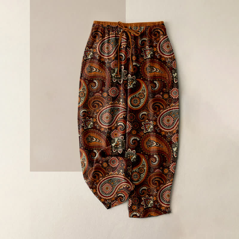 Buddha Stones Spodnie damskie z elastycznej talii z kieszeniami, z nadrukiem w kwiaty i czystą bawełną - Brązowy - US16, UK/AU20, EU48 (3XL) - image 4