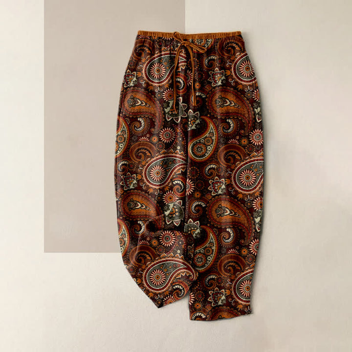 Buddha Stones Spodnie damskie z elastycznej talii z kieszeniami, z nadrukiem w kwiaty i czystą bawełną - Brązowy - US16, UK/AU20, EU48 (3XL) - image 4