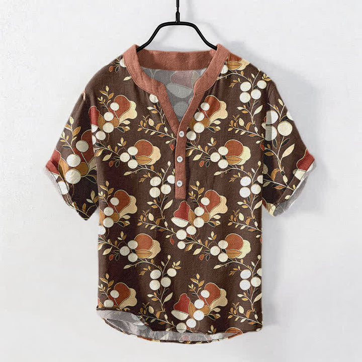 Buddha Stones Koszula męska z krótkim rękawem i krótkim rękawem z bawełny w kwiatowy wzór z jagodami, zapinana na pół guzika - SaddleBrown - US/UK/AU50, EU60 (5XL) - image 7