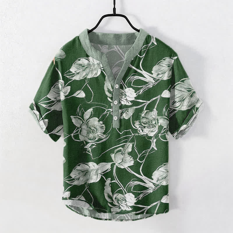 Buddha Stones Koszula męska z krótkim rękawem i krótkim guzikiem, bawełniana, z motywem botanicznym i kwiatowym - ForestGreen - US/UK/AU50, EU60 (5XL) - image 7