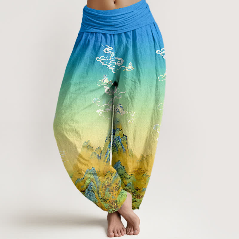 Buddha Stones Spodnie damskie haremki z elastyczną talią i wzorem w odcieniu „Ink Wash Mountain Gradient” z czystej bawełny - Turkus - US16, UK/AU20, EU48 (3XL) - image 0