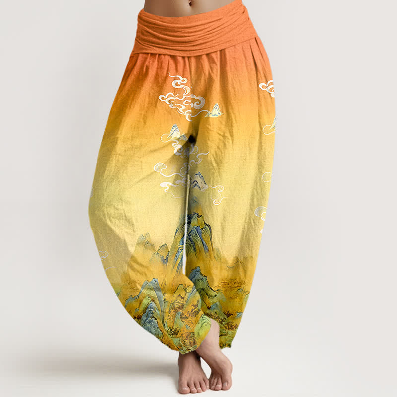 Buddha Stones Spodnie damskie haremki z elastyczną talią i wzorem w odcieniu „Ink Wash Mountain Gradient” z czystej bawełny - Nawłoć - US16, UK/AU20, EU48 (3XL) - image 8