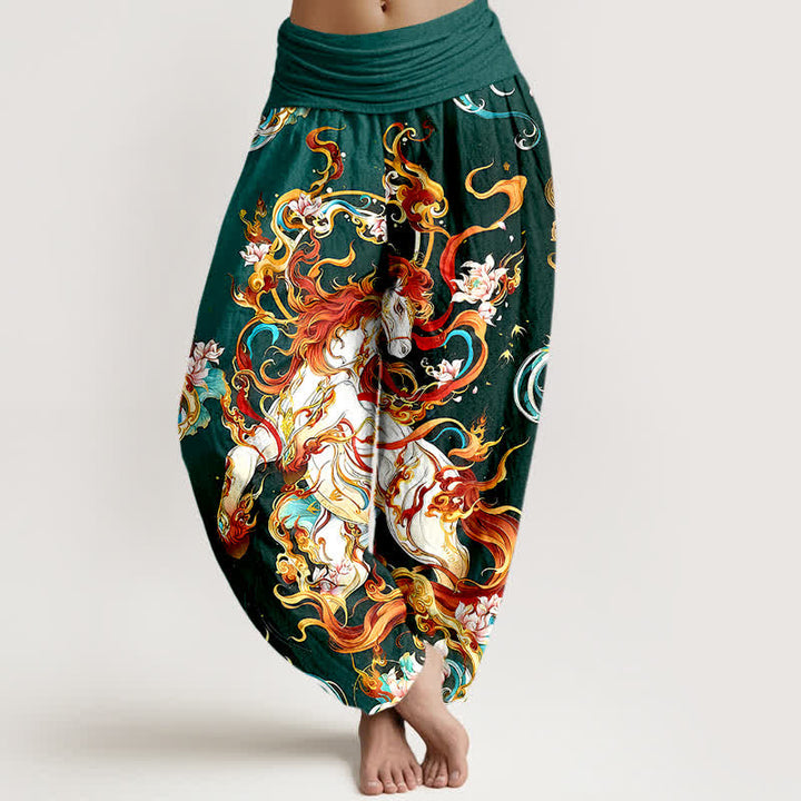 Buddha Stones Spodnie damskie haremowe z elastycznej talii z czystej bawełny z motywem mitycznego płomienia feniksa - ForestGreen - US16, UK/AU20, EU48 (3XL) - image 0
