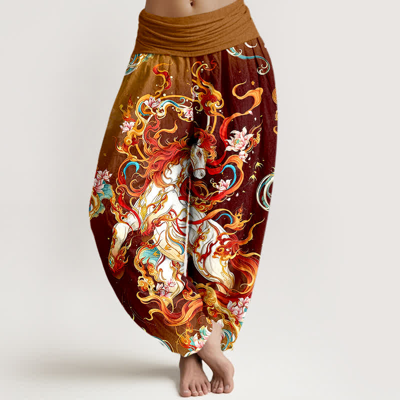 Buddha Stones Spodnie damskie haremowe z elastycznej talii z czystej bawełny z motywem mitycznego płomienia feniksa - Kasztanowaty - US16, UK/AU20, EU48 (3XL) - image 8