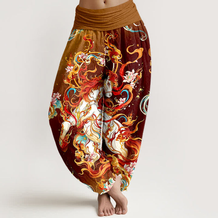 Buddha Stones Spodnie damskie haremowe z elastycznej talii z czystej bawełny z motywem mitycznego płomienia feniksa - Kasztanowaty - US16, UK/AU20, EU48 (3XL) - image 8