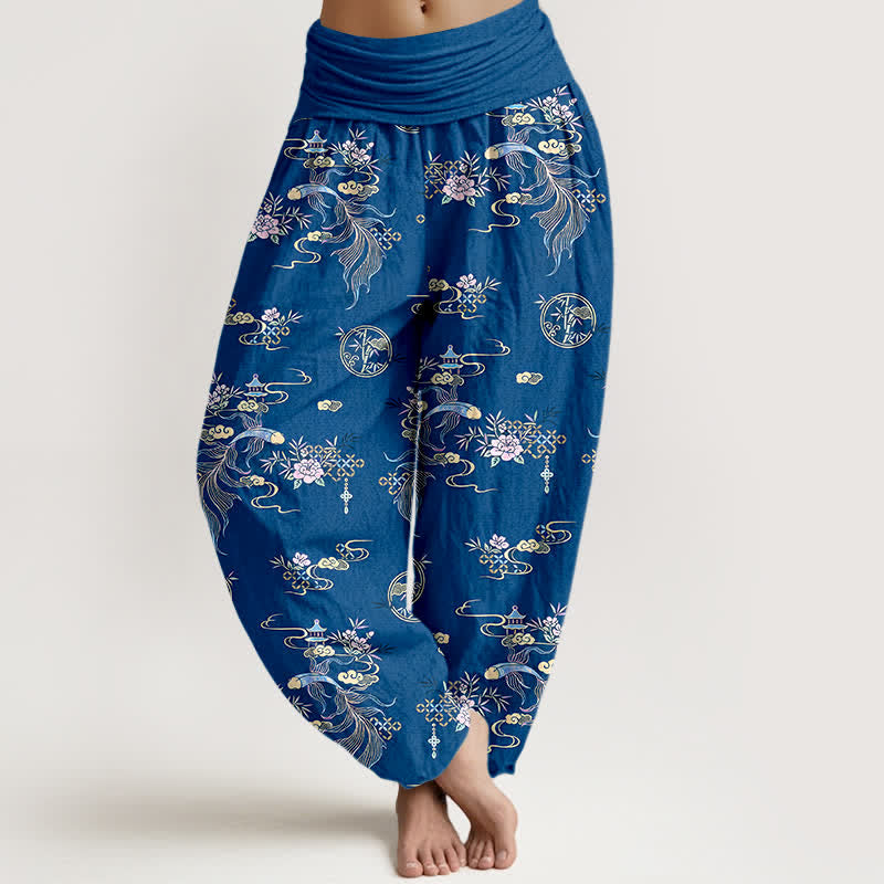 Buddha Stones Spodnie damskie harem z elastycznej talii z czystej bawełny w orientalny kwiatowy wzór w chmurki - RoyalBlue - US16, UK/AU20, EU48 (3XL) - image 0