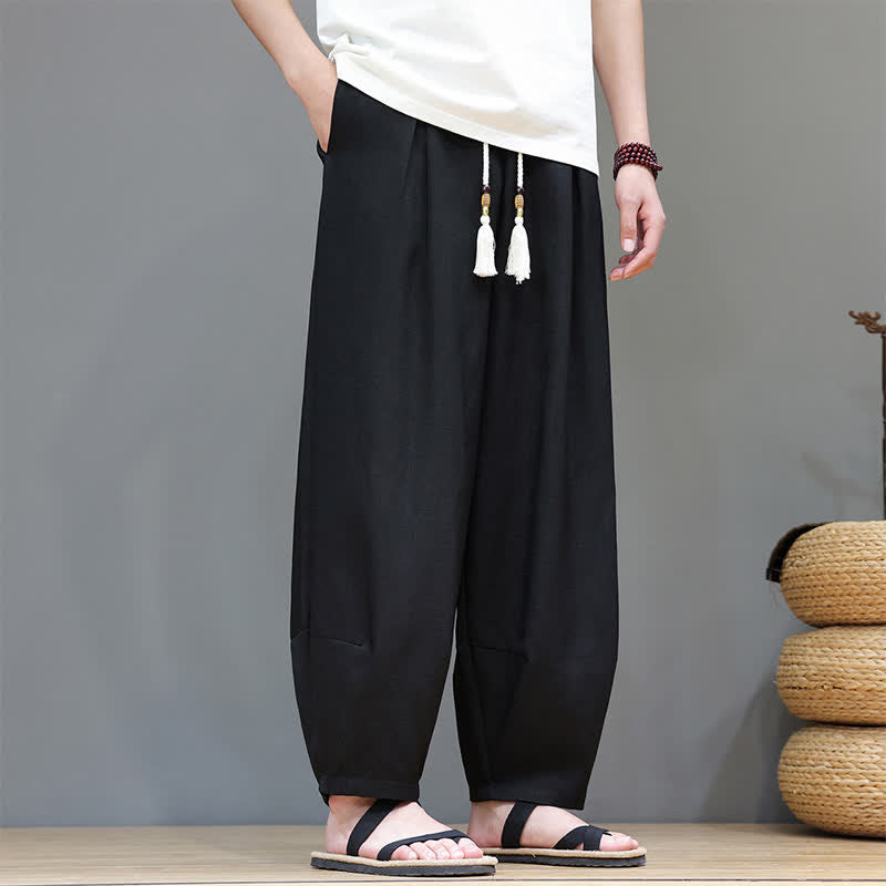 Buddha Stones Letnie męskie spodnie haremowe ze ściągaczem i kieszeniami - Czarny - US/UK/AU46， EU56 (5XL) - image 23