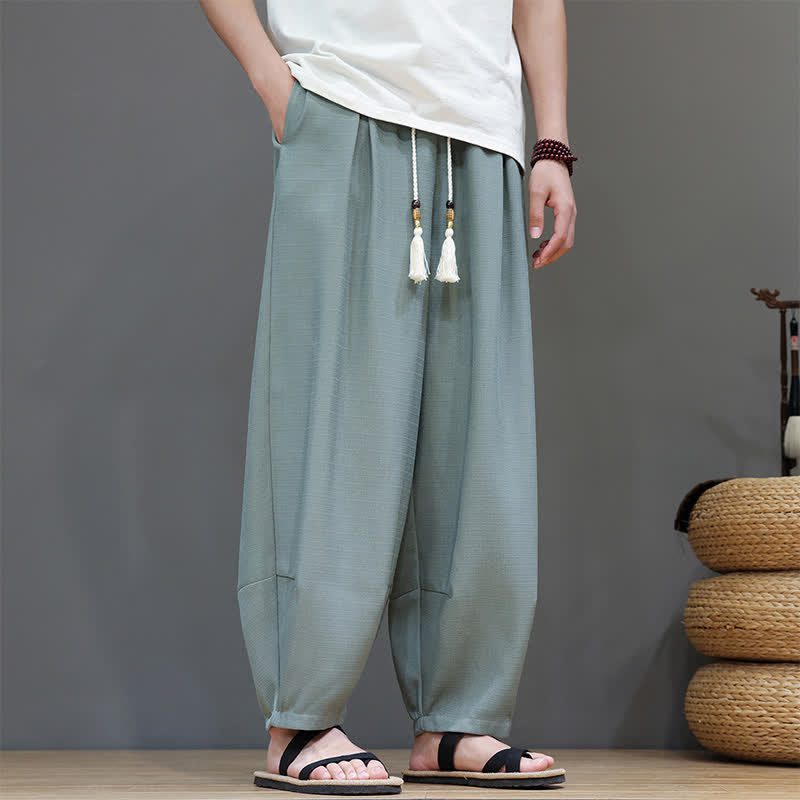 Buddha Stones Letnie męskie spodnie haremowe ze ściągaczem i kieszeniami - CadetBlue - US/UK/AU46， EU56 (5XL) - image 0