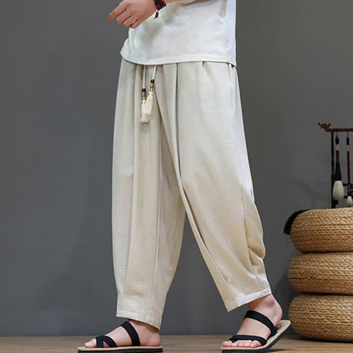 Buddha Stones Letnie, minimalistyczne, męskie, zwężane spodnie z elastyczną talią i kieszeniami - image 3