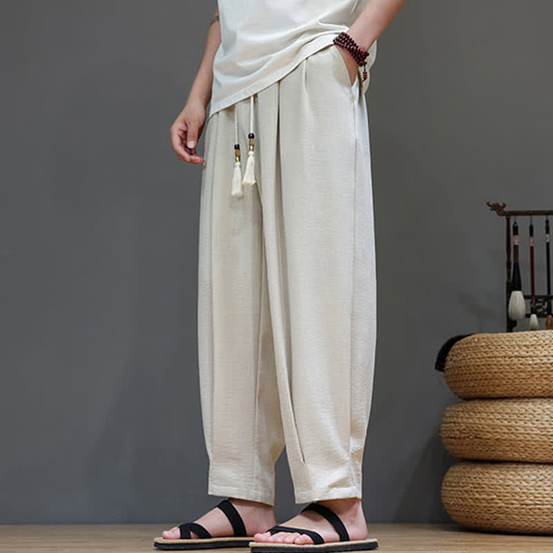 Buddha Stones Letnie, minimalistyczne, męskie, zwężane spodnie z elastyczną talią i kieszeniami - image 5