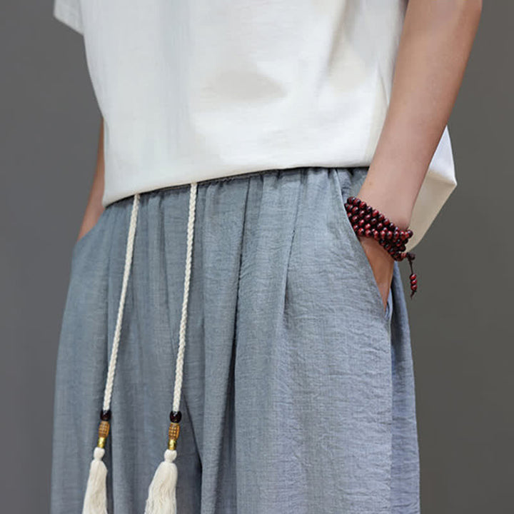 Buddha Stones Letnie, minimalistyczne, męskie, zwężane spodnie z elastyczną talią i kieszeniami - image 17