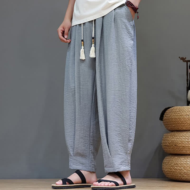 Buddha Stones Letnie, minimalistyczne, męskie, zwężane spodnie z elastyczną talią i kieszeniami - image 13