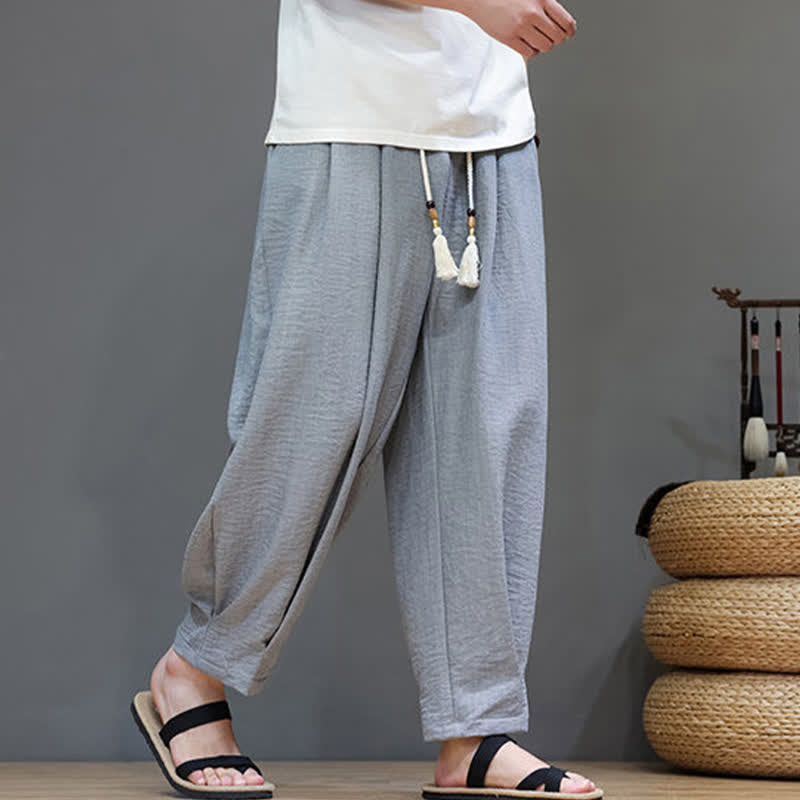 Buddha Stones Letnie, minimalistyczne, męskie, zwężane spodnie z elastyczną talią i kieszeniami - image 15