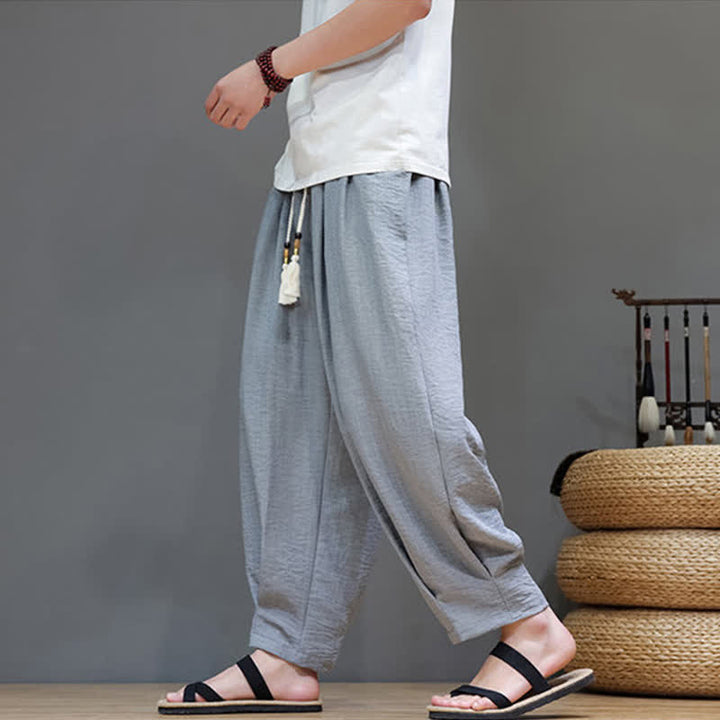 Buddha Stones Letnie, minimalistyczne, męskie, zwężane spodnie z elastyczną talią i kieszeniami - image 10