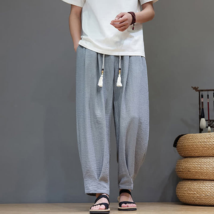 Buddha Stones Letnie, minimalistyczne, męskie, zwężane spodnie z elastyczną talią i kieszeniami - image 16