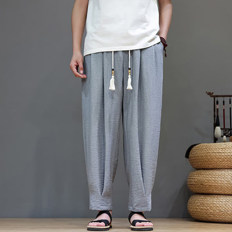 Buddha Stones Letnie, minimalistyczne, męskie, zwężane spodnie z elastyczną talią i kieszeniami - image 11